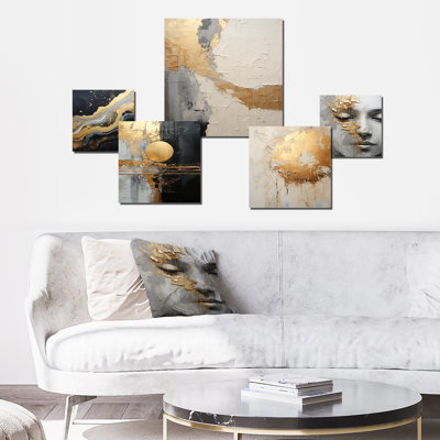 Black And Gold Abstract Meditation - Abstract Painting Wall Art Set Of 5