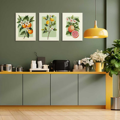 3 Piece Vintage Fruit Canvas Wall Art Trendy Kitchen Wall Art Boho Orange Lemon Grapefruit Pictures Wall Decor Citrus Botanical Art Prints For Dining Room Living Room 16"X24"