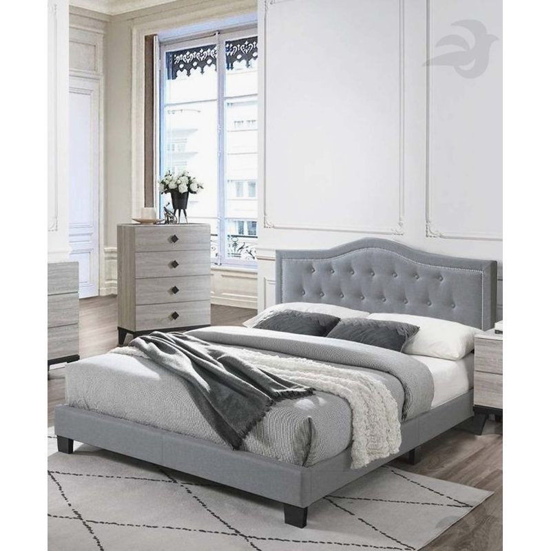 Mobilier de chambre à coucher de style européen en velours de lit grand format avec tête de lit capitonnée à boutons gris