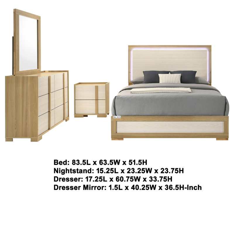Ensemble de chambre avec grand lit 4 pièces Hyle, finition brun naturel et blanc, commode, Grand lit