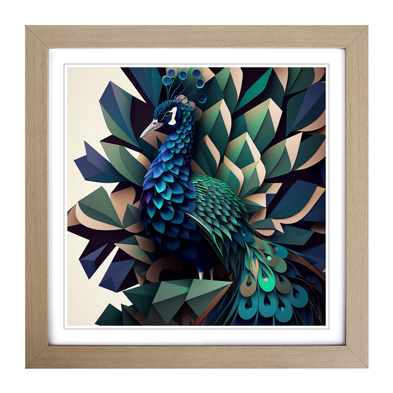 Peacock Geometric - Framed Print, Oak