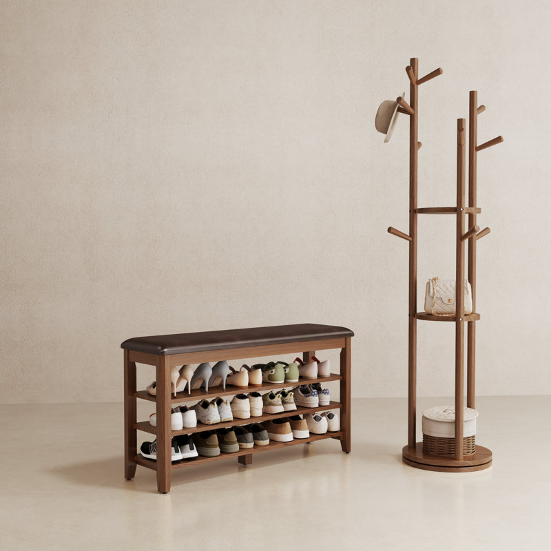 Banc à chaussures en bois massif à 3 niveaux Adryell avec rangement, Brun, H 20,4 po x l 39,3 po x P 11,8 po