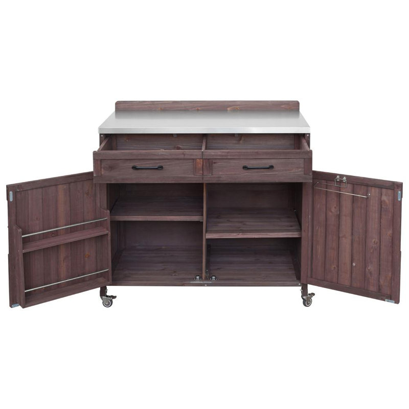 Îlot de cuisine extérieur avec un grand tiroir, des tablettes réglables, des supports de rangement internes et 4 roulettes