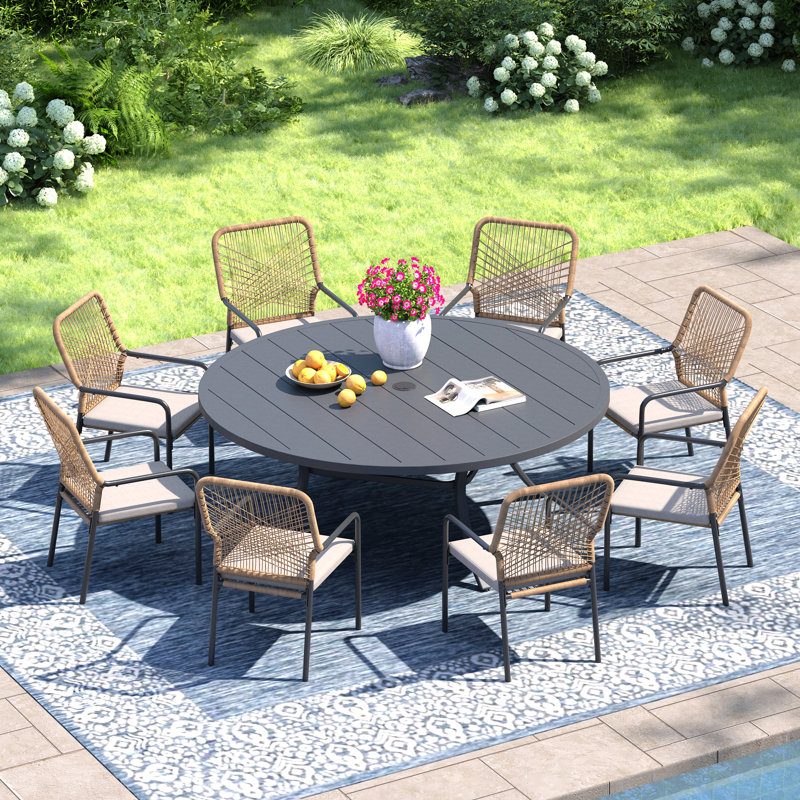 8-Person Round Patio Dining Set with 60" Dining Table and Cushioned Stackable Rattan Chairs, Gray