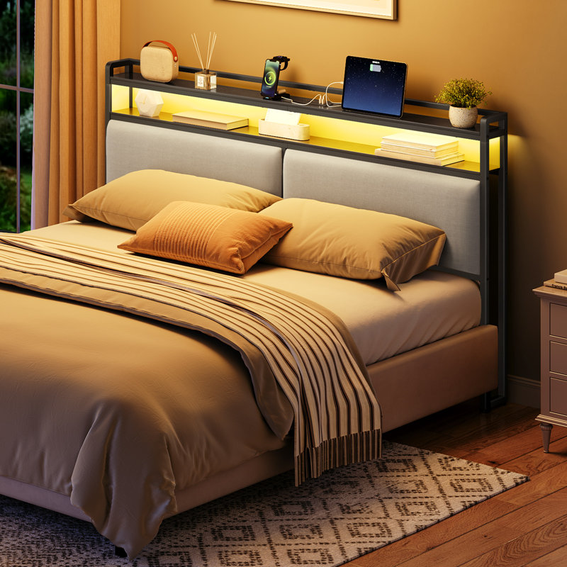 Makieh Upholstered Headborad with Charging Station and Led Lights, King