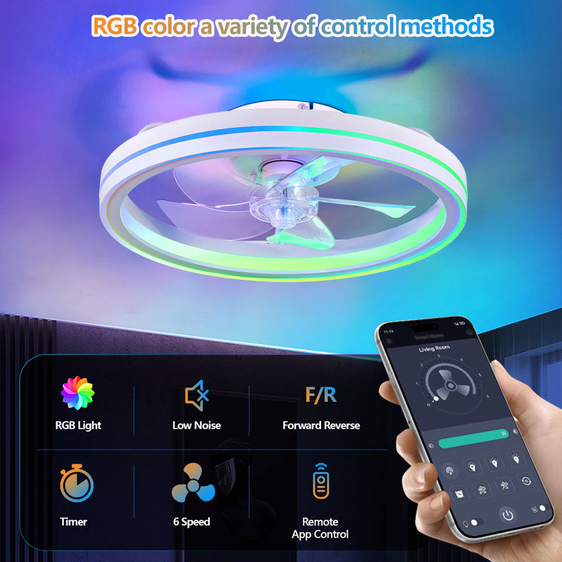 RGB Ceiling Fans With Lights, 19'' Smart LED Ceiling Fan With Remote/APP Control, Modern Low Profile Bladeless Chandelier Fan, Dimmable White Fandelier For Bedroom, Living Room, Kitchen
