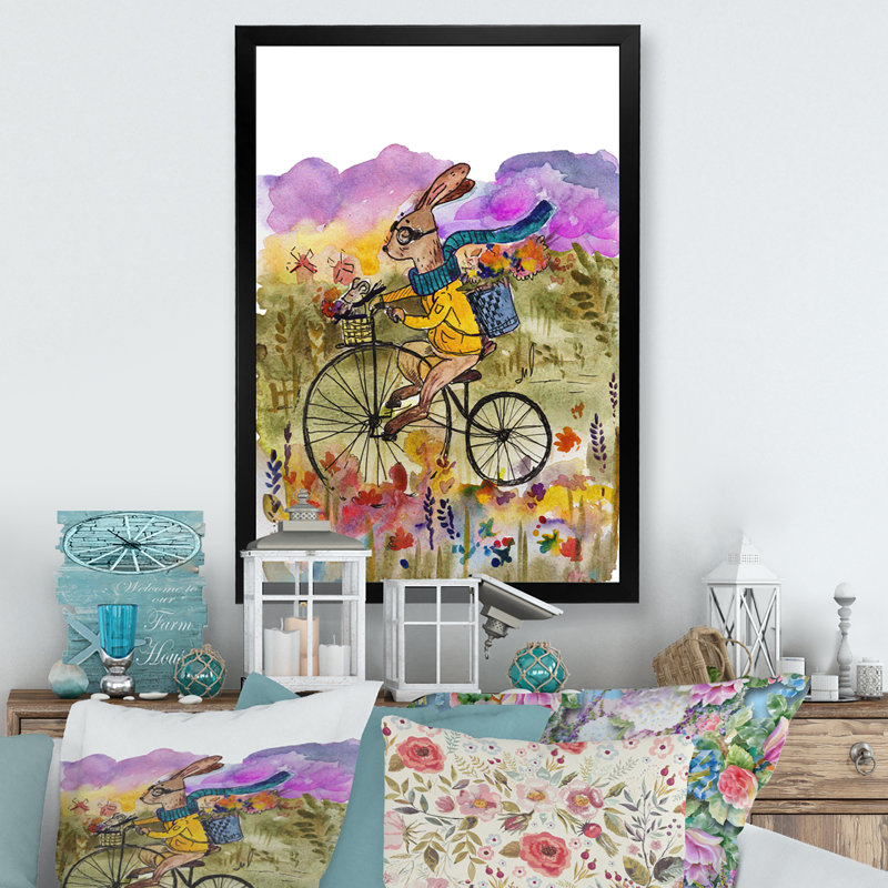 Mignon tour de vélo de lapin - peinture, Cadre photo noir, H 20 po x l 12 po x P 1 po