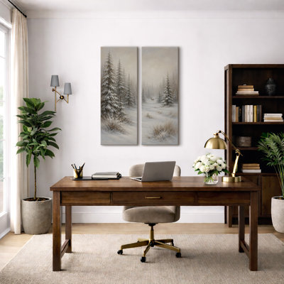 «Snowy Evergreen Forest Landscape with Deer and Misty Winter Scenery», art mural pour salon, chambre à coucher, chalet, bureau, entrée, couloir - ensemble de 2 reproductions d'art encadrées sur toile 32 po x 12 po x 2