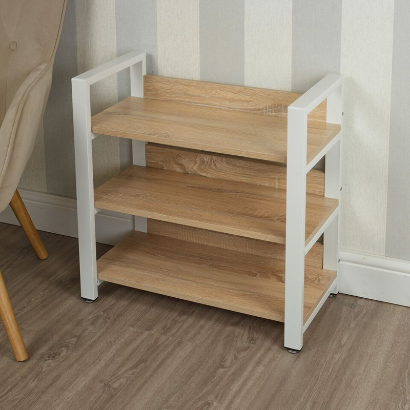 3 Tier Metal & Wood Shelf Shoe Multi Purpose Storage Display Racking Unit, Natural/White