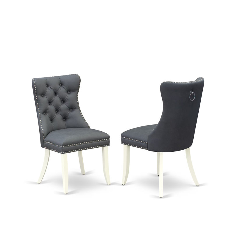 Dallas Parson Kitchen Chairs, Button Tufted Back with Nailhead Trim, Platinum Gray Polyester Fabric Upholstered Dining Chairs, Set of 2, Linen White