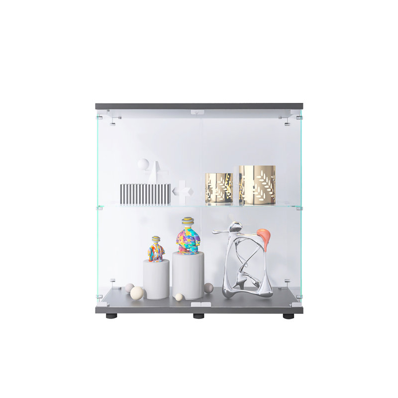 Vitrine en verre 2 couches avec 2 portes, vitrines, comptoir vitrine vitrée avec serrure, verre trempé avec base en panneau de fibres à densité moyenne
