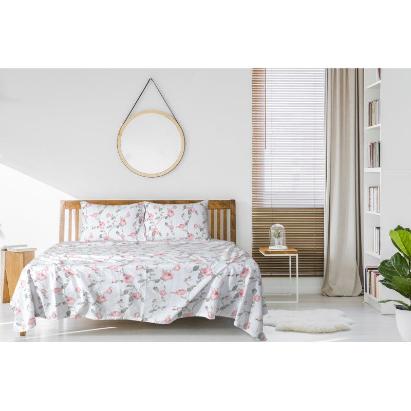 Ensemble de draps 100% flanelle de coton Colyt Floral, Simple, Motif floral rose