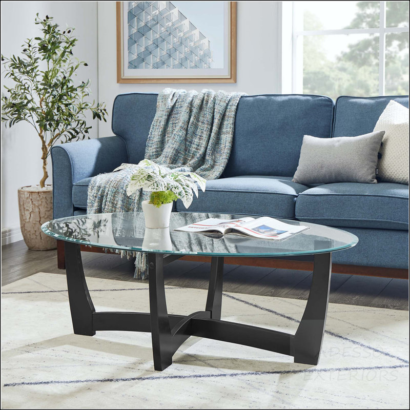 Oval Glass Coffee Table with Solid Wood Frame