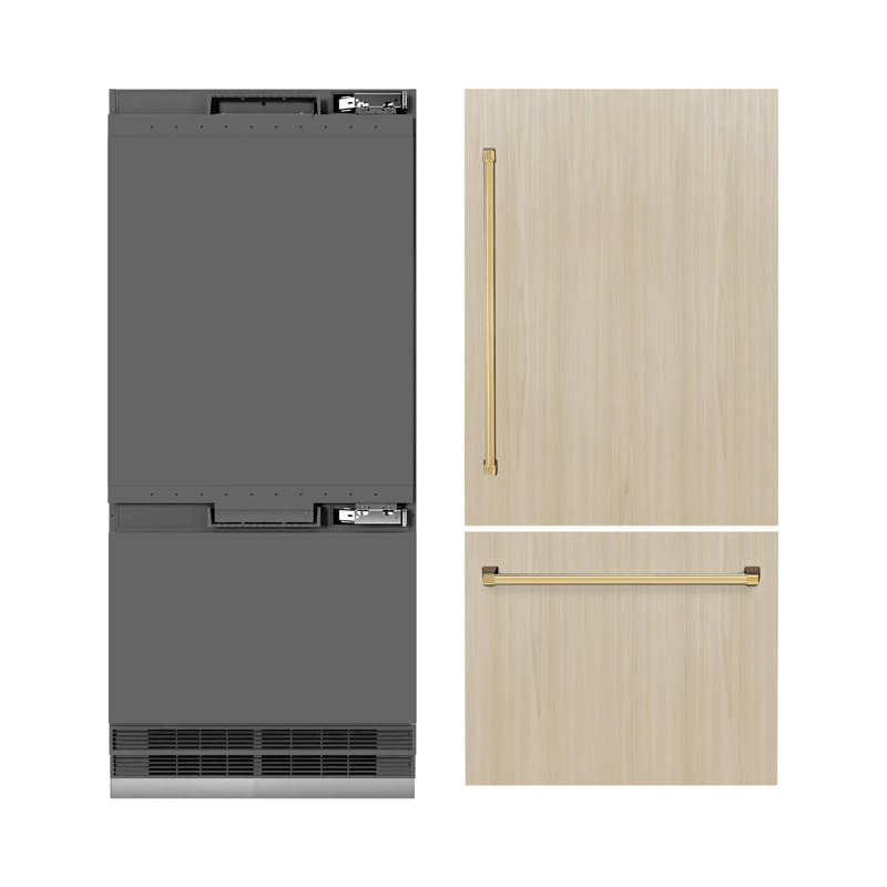 ZLINE Autograph 36 in. Panel Ready Refrigerator w/ Gray Interior and Black Accents, Panel Ready/Graphite Gray/Polished Gold