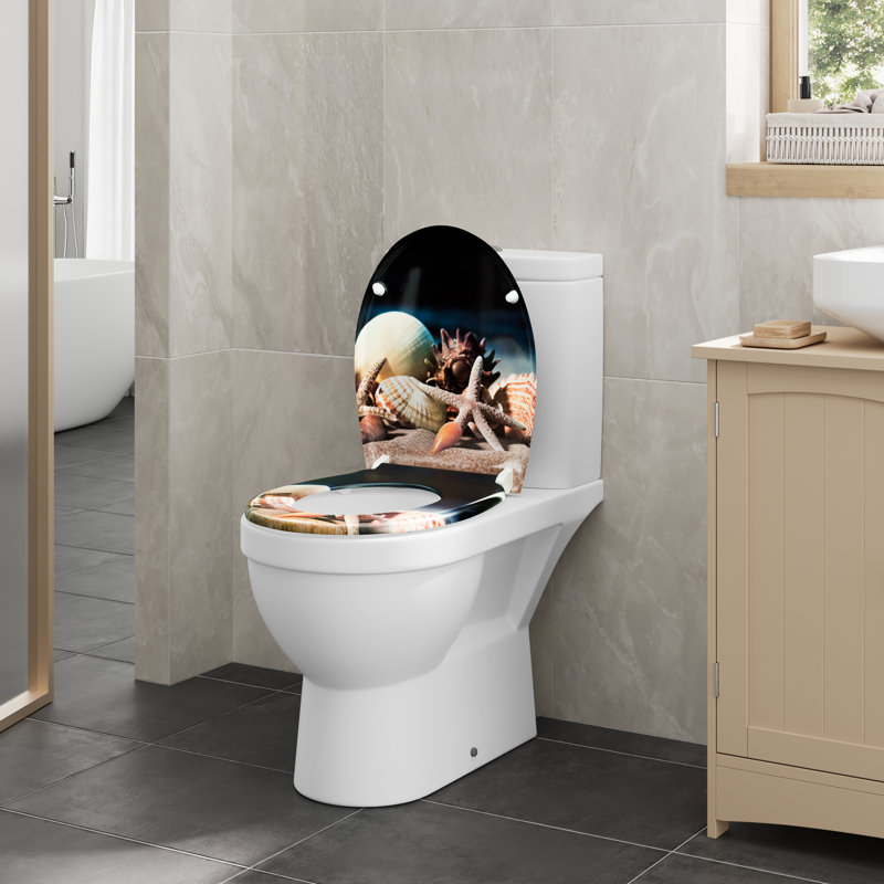 Toilet Seat Soft Close, Quick Release Toilet Seat Adjustable, Top/Bottom Mounting, O-Shape With Sea Pattern, Duroplast