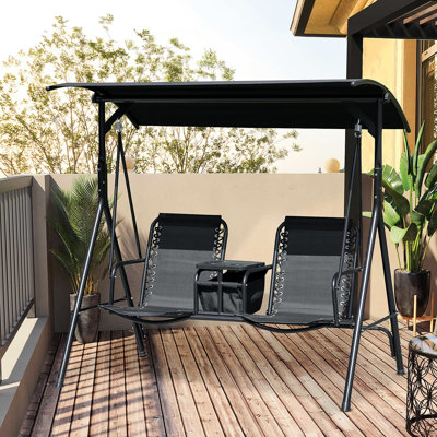 2 balancelles de patio avec auvent. Table de rangement et porte-boissons d'extérieur. Pare-soleil réglable, cadre. 2 adultes, capacité de 264 lb. Auvent noir pour la détente, parasol et cadre stable