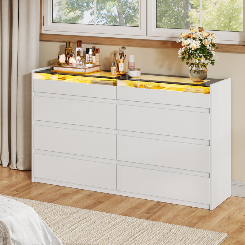 Commode blanche 8 tiroirs avec lumières DEL, commode de rangement pour chambre à coucher en verre