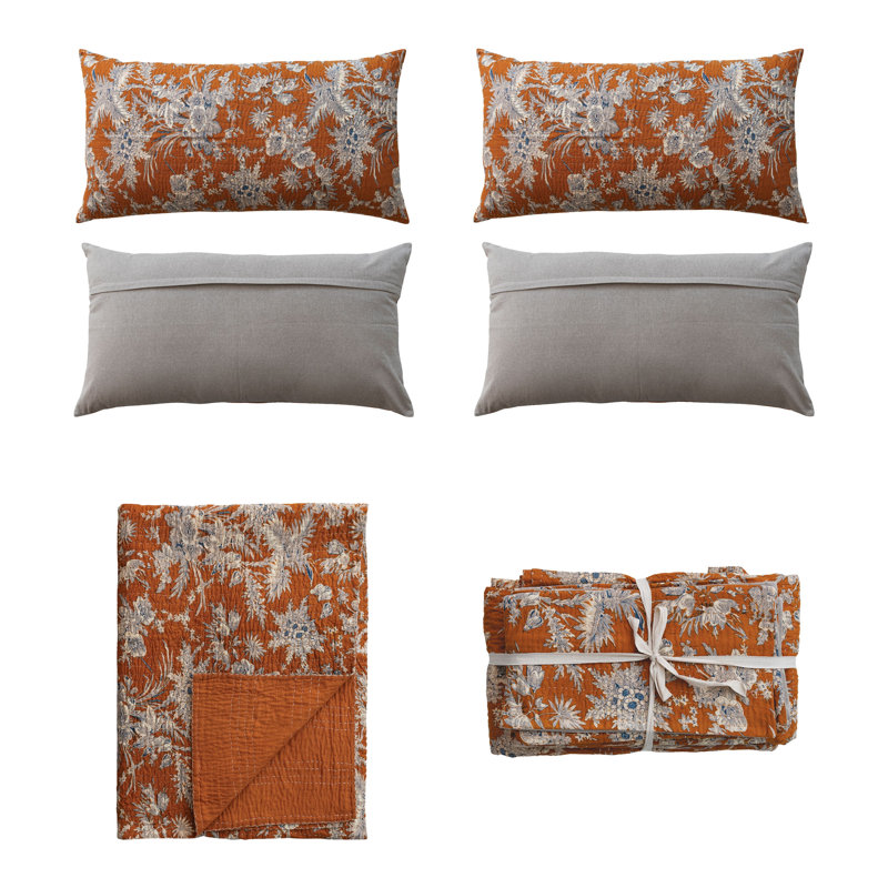Couvre-lit floral en voile de coton avec coutures Kantha brodées à la main et 2 taies décoratives standard, Orange