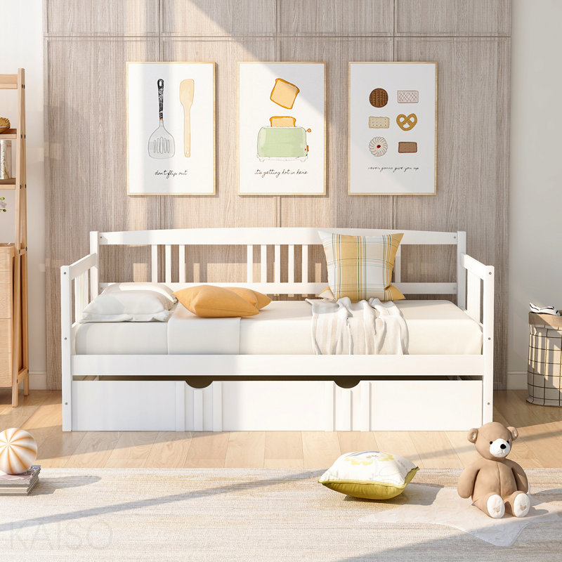 Lit de jour simple en bois avec lit gigogne simple, blanc, Blanc
