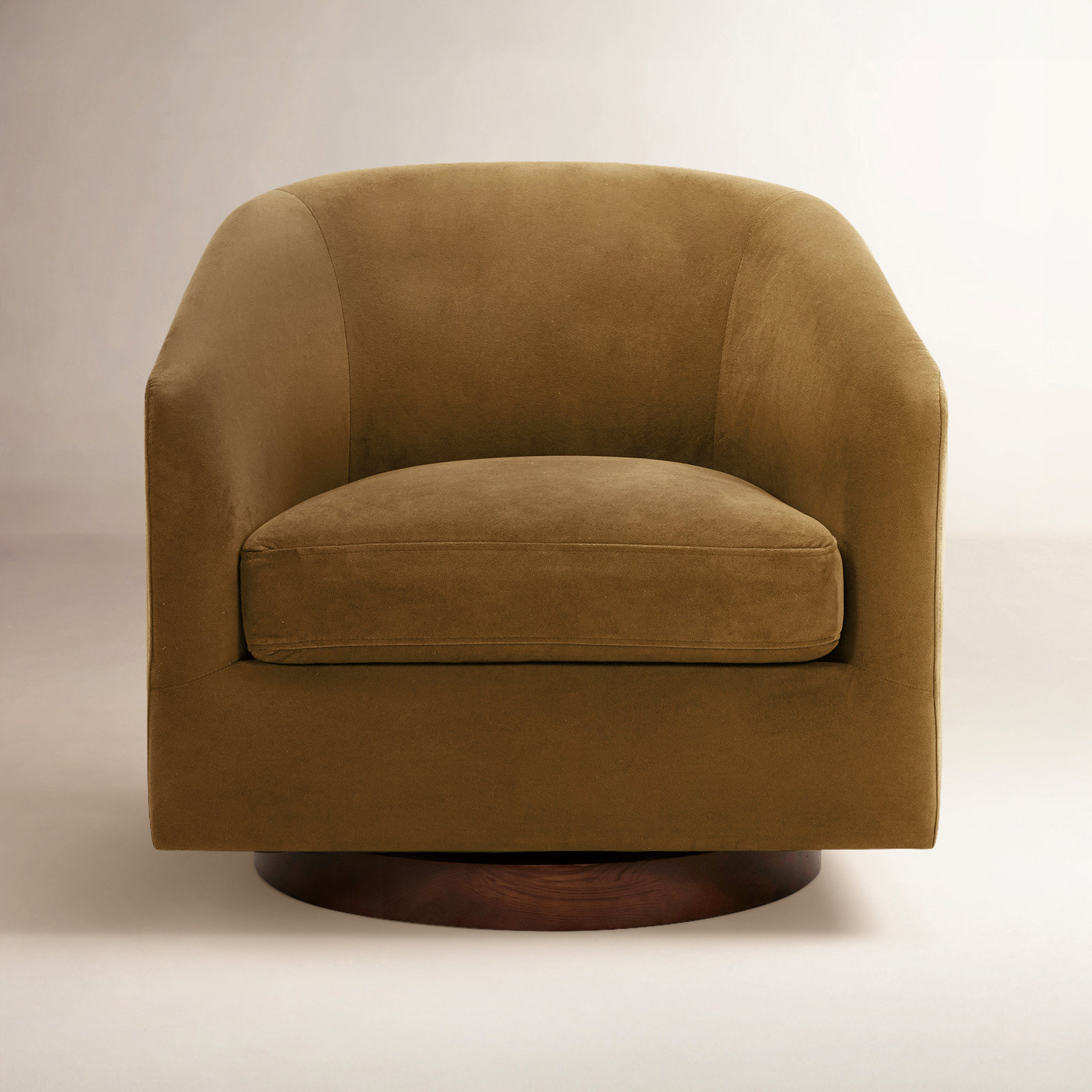 Bennett Upholstered Swivel Barrel Chair, Soren Ochre Performance Velvet
