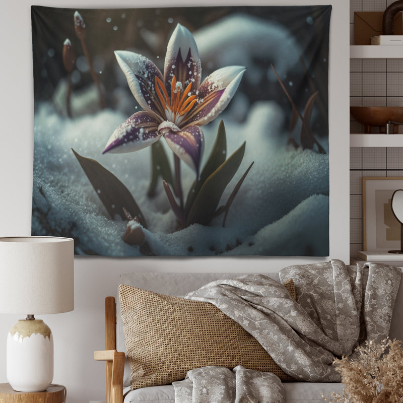 Polyester - tapisserie en fleurs blanche et mauve en hiver I, H 50 po x l 60 po