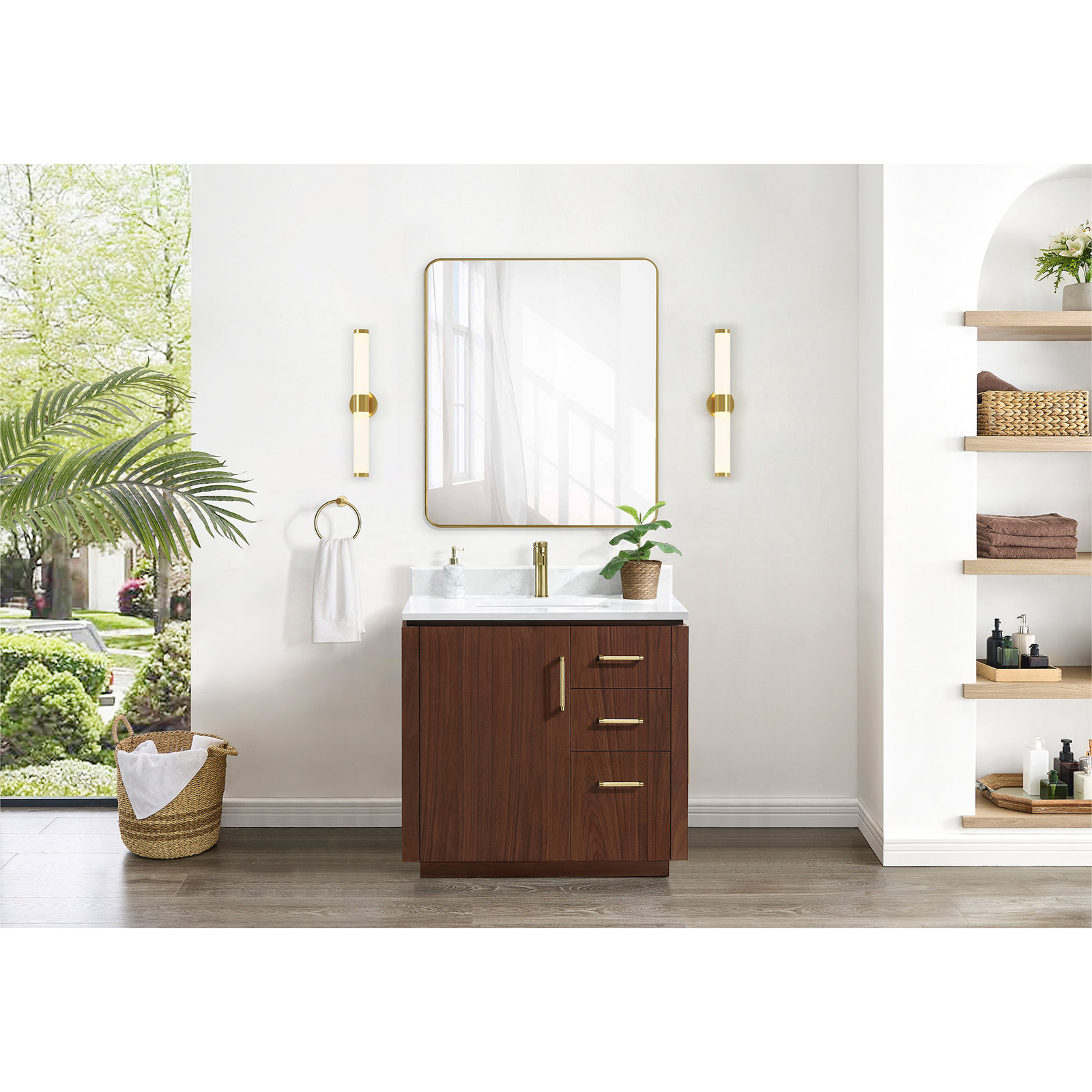 Cloverfield 36'' Single Bathroom Vanity, Natural Walnut, Gold