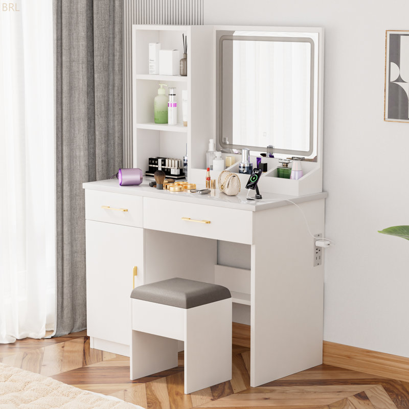 Meuble-lavabo de 32 po de largeur avec miroir éclairé et prise de courant, coiffeuse avec grand espace de rangement et tabouret rembourré pour chambre à coucher et studio
