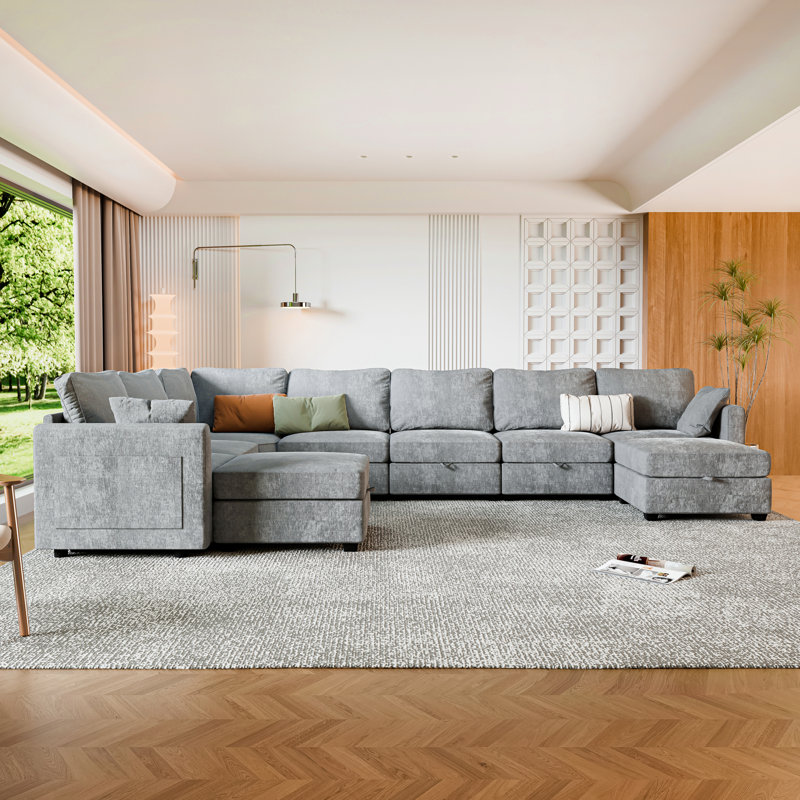 158.6’’ Wide U-Shaped Modular Sectional Sofa Couch With Storage Ottoman, Gray Chenille