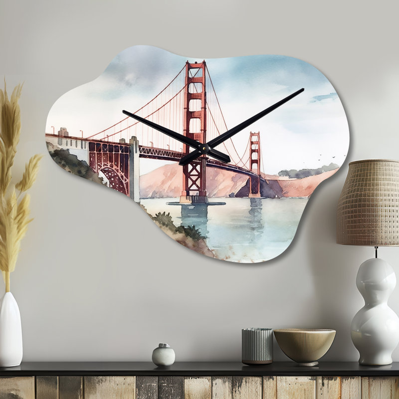 Views of San Francisco II - horloge murale asymétrique moderne en métal, impression d'horloge murale orange, Petit