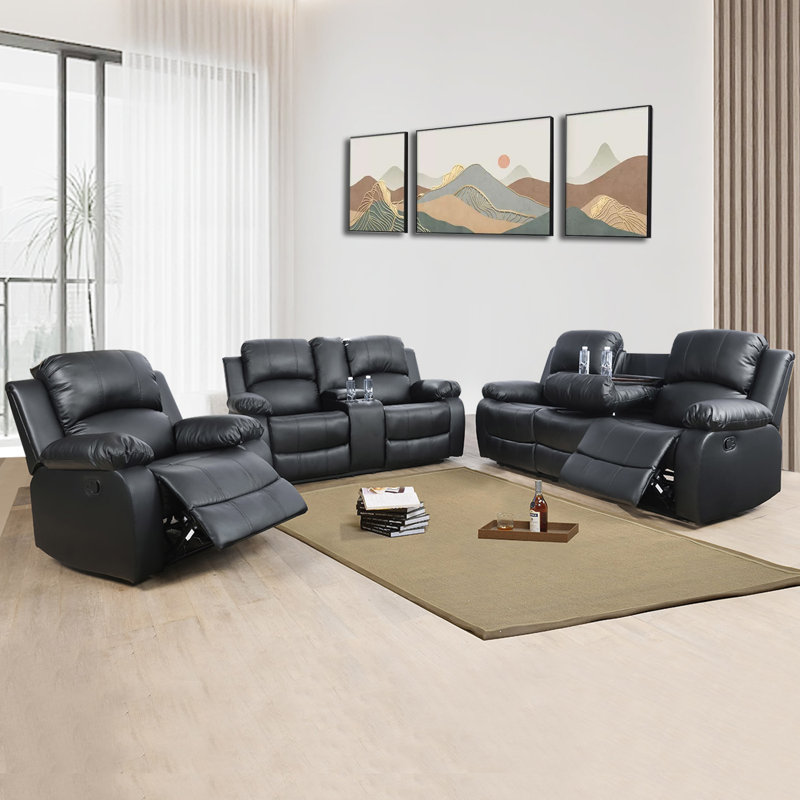 Ensemble de salon inclinable en cuir 3 pièces Vegan, Similicuir noir