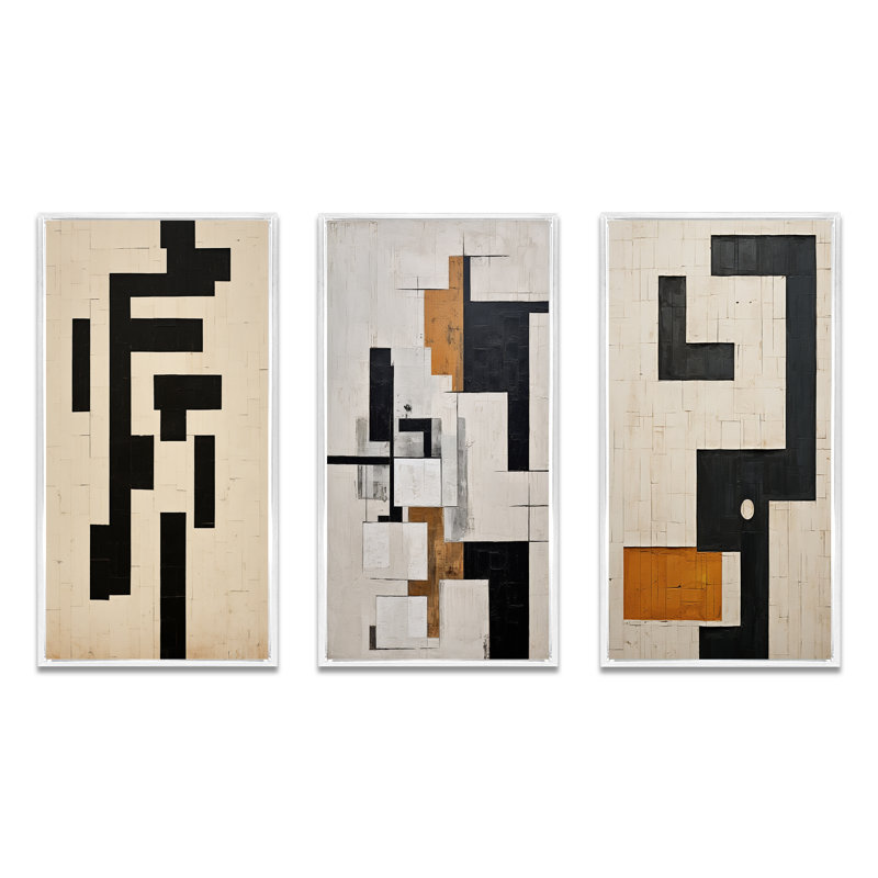 "Nouvel ordre abstrait monochrome I" - 3 pièces, H 28 po x l 36 po, Cadre flottant blanc