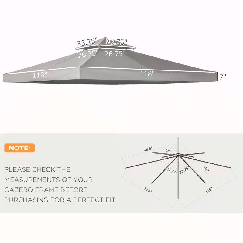 Outsunny 9.8' X 9.8' Gazebo Replacement Canopy, 2-Tier Top UV Cover For 9.84' X 9.84' Outdoor Gazebo Models 01-0153 & 100100-076, Light Gray (TOP ONLY)