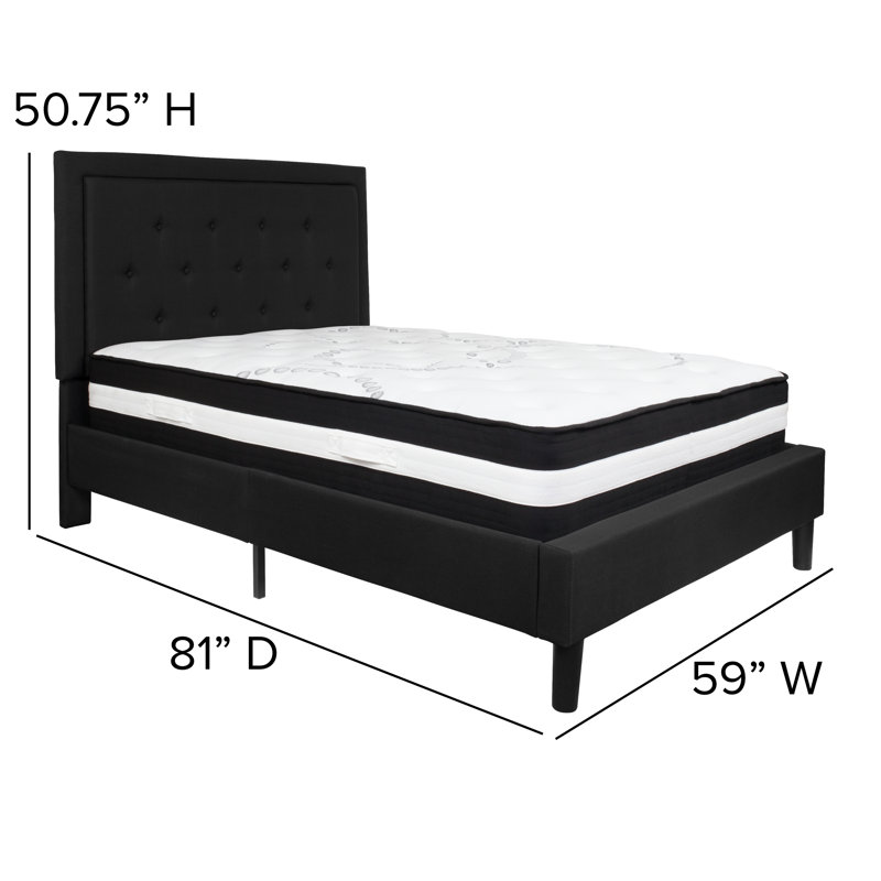 Aluino Panel Tufted Upholstered Platform Bed and Pocket Spring Mattress, Full, Black
