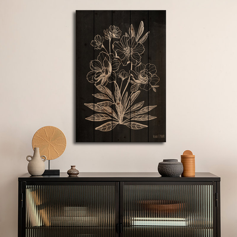 Reproduction d'art mural en bois - Fleurs tableau noir rétro par House Fenway, H 26 po x l 18 po
