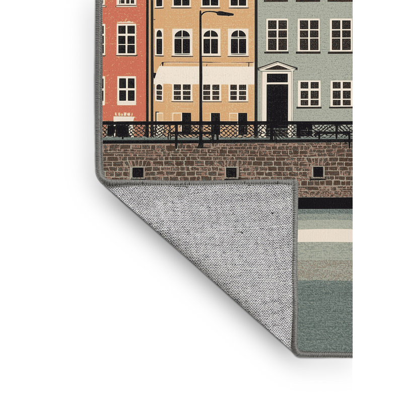 Machine Washable Pelico Copenhagen Nyhavn Harbor Scandinavian Block Print Rug in Beige – Gray Binding, 4x6