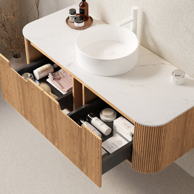 Meuble-lavabo rond blanc en céramique, rangement 48 po, finition naturelle, fabrication en contreplaqué haute résistance
