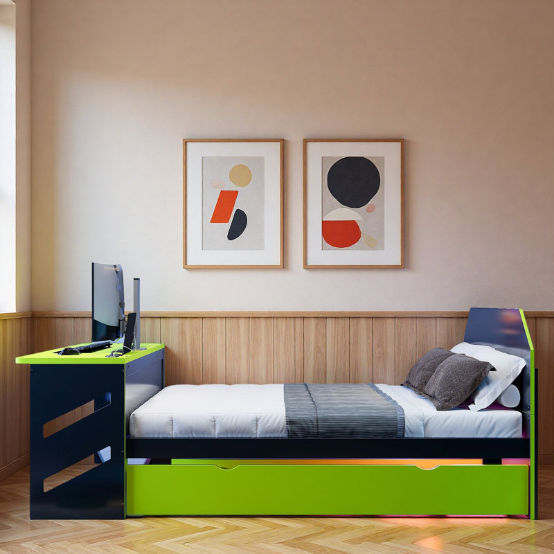 Lit de jour en bois avec couchette, bureau et port USB, Vert