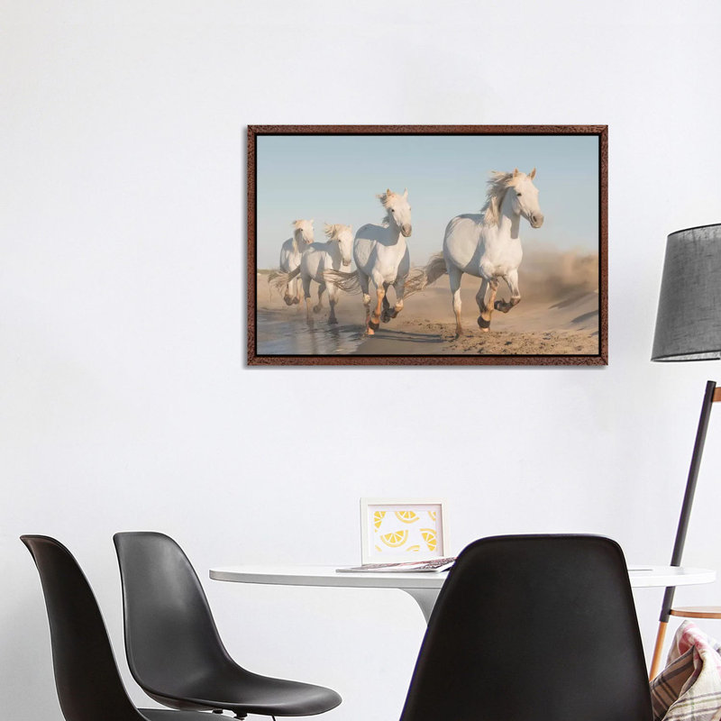 White Angels Of Camargue XXXVII by Daniel Kordan - Print on Canvas, 101.6 cm H x 66.04 cm W, Classic Brown Wood Framed