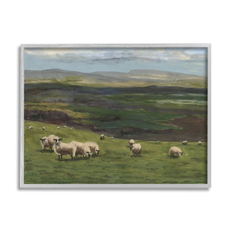 Troupeau de moutons paissant par Michael Willett, H 11 po x l 14 po x P 1,5 po, Encadré gris