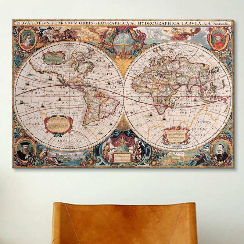 Impression sur toile, "Mappemonde antique" par Henricus Hondus, H 26" x 40" W x 0.75" D