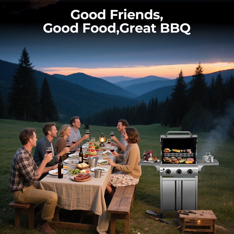Electactic 24,000 BTU Gas Grill - 3-Burner Steel, 372 Sq.in, Easy-Clean for Backyard BBQ