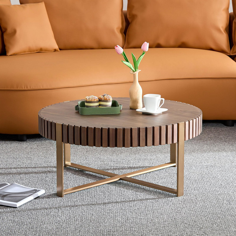 Table basse à tambour Modern Handcraft avec piédestal robuste, polyvalente pour n'importe quelle pièce., Noyer, Gold