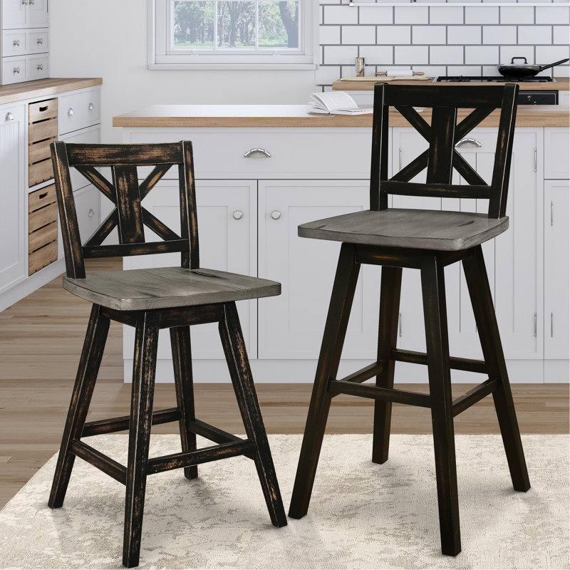 2 chaises pivotantes grises et noires à hauteur de pub, 2 chaises en bois d'hévéa massif pour salle à manger et 360 degrés