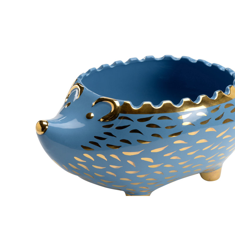 Hedgehog Ceramic Planter, Blue/Gold