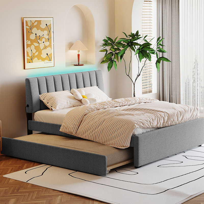 Upholstered Platform Bed with Trundle, Gray, Queen