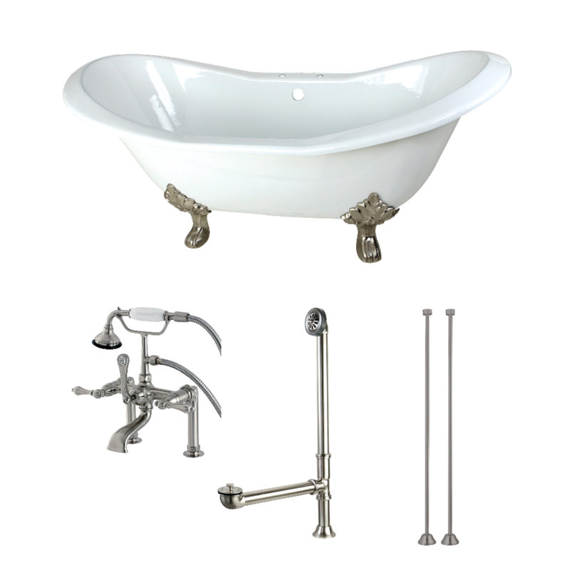 Kingston Brass Aqua Eden 72-Inch Cast Iron Oval Double Slipper Clawfoot Tub with Faucet Drain and Supply Lines Combo