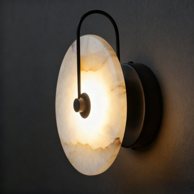 Applique murale ronde en albâtre de 9,8 po équipée d'une source de lumière à DEL, sans éblouissement noir mat