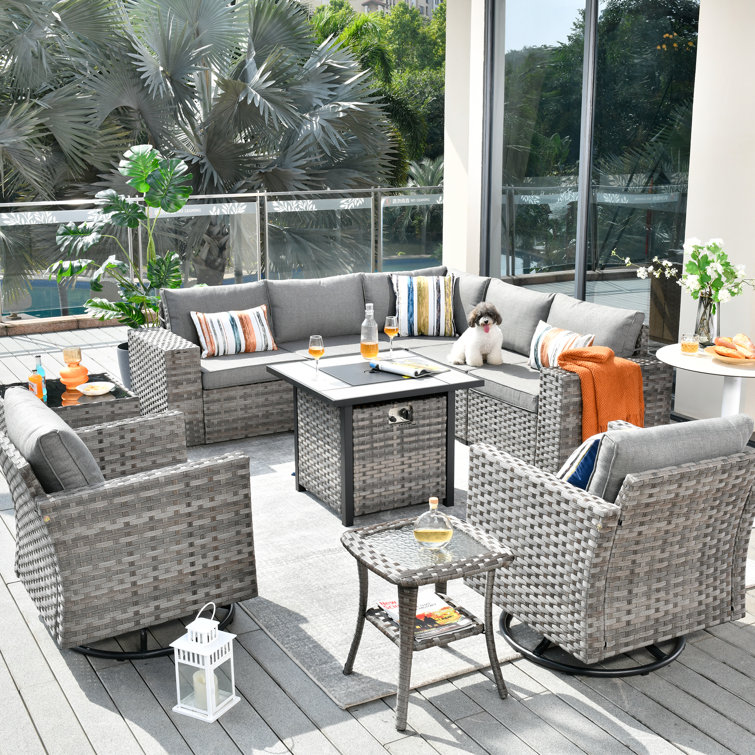 Baili 7 - Person Outdoor Wicker/Rattan Sectional Seating Group with Swivel Chairs, Modern Modular Conversation Set with Cushions