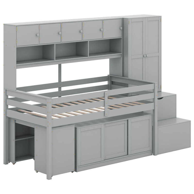 Lit mezzanine avec tiroirs Jeycob Kids, Simple, gris