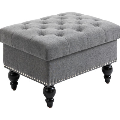 25-inch With Removable Lid And Button- Upholstery, Gray Linen Bench For Living Room Footrest Seat, Wood Legs Studded Trim Top Lid, 25"
